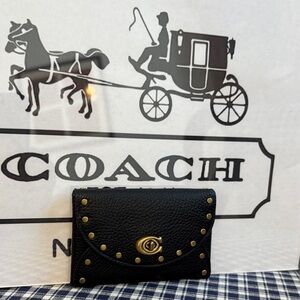 Coach Black Leather card holder with Gold Studs and twist lock closure
